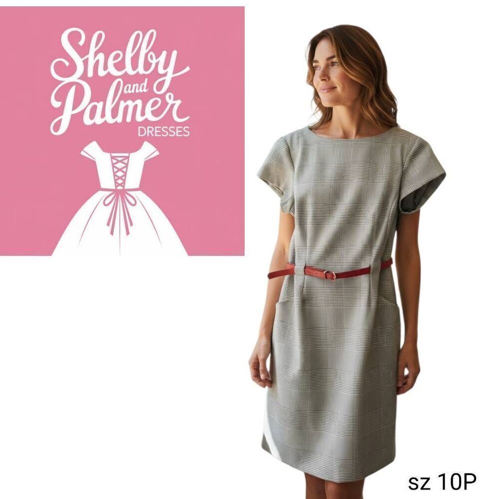 Shelby & Palmer Black & White Herringbone Checked Belted Sheath Dress w Pockets